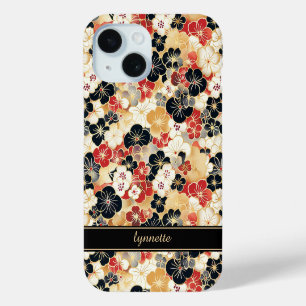 Coque Pour iPhone 15 Monogramme à motif floral doré japonais