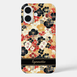 Coques iPhone 16 Monogramme à motif floral doré japonais