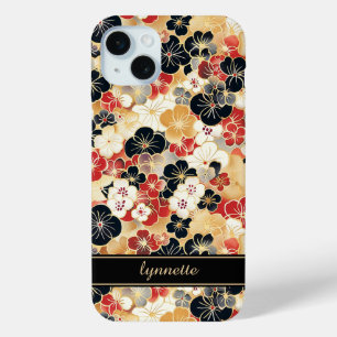 Coque iPhone 15 Mini Monogramme à motif floral doré japonais