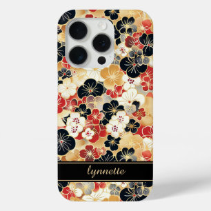Coque iPhone 15 Pro Monogramme à motif floral doré japonais