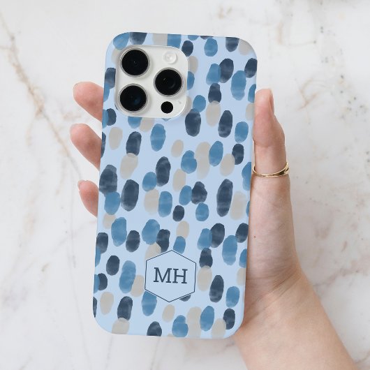 Coques Case-Mate iPhone Monogramme à motif pointillé aquarelle bleue moder