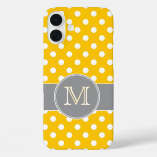 Coques iPhone 16 Plus Monogramme à points de polka jaune et gris gai joy