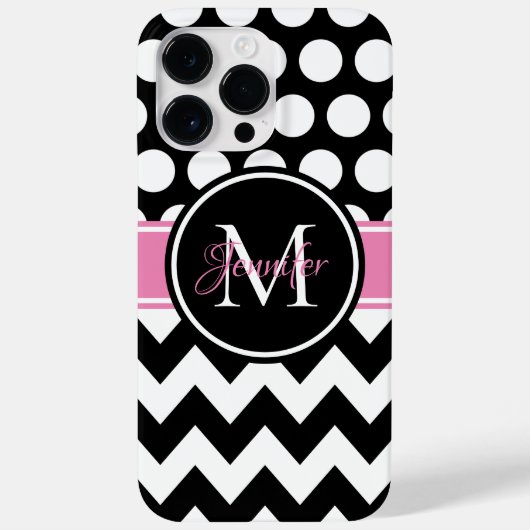 Coques Case-Mate iPhone Monogramme à points noirs roses et blancs en chevr (Verso)