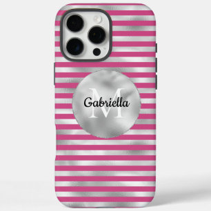 Coques iPhone 16 Pro Max Monogramme à rayures d'argent rose