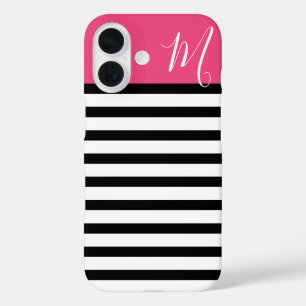 Coques iPhone 16 Monogramme à rayures de preppy noir et rose