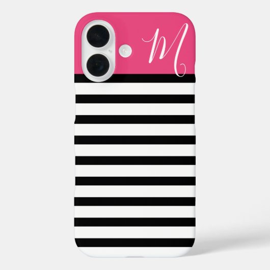 Coques Case-Mate iPhone Monogramme à rayures de preppy noir et rose (Verso)