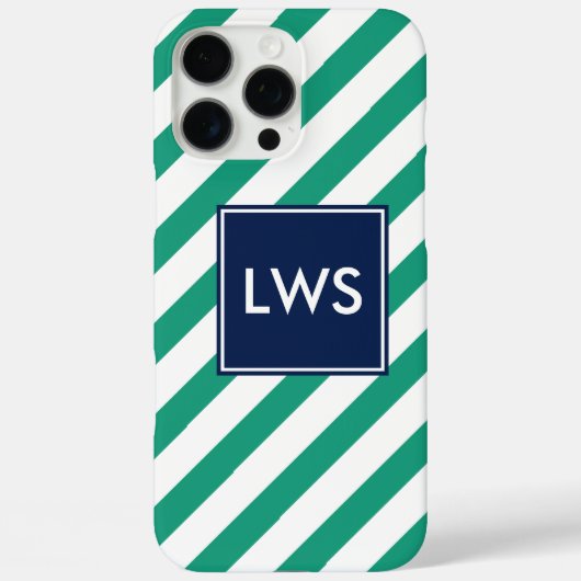 Coques Case-Mate iPhone Monogramme à rayures diagonales bleues vertes (Verso)