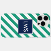 Coques Case-Mate iPhone Monogramme à rayures diagonales bleues vertes (Verso (horizontal))