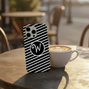 Coque iPhone 15 Pro Max Monogramme à rayures diagonales noires et blanches