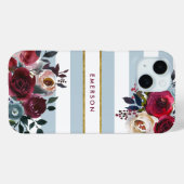 Coques Case-Mate iPhone Monogramme à rayures florales de Boho bleu poussié (Verso (horizontal))