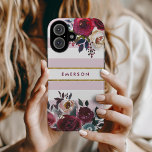 Coques iPhone 16 Monogramme à rayures florales de saumon rose pouss<br><div class="desc">Caisses de téléphone monogrammed personnalisées avec votre nom ou autre texte. Ce design boho branché présente une bordure florale aquarelle aux couleurs d'automne rustiques sur un arrière - plan rayé blanc et rose mauve poussiéreux avec un faux accent de feuille d'or. Utilisez les outils de conception pour choisir une couleur...</div>