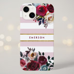 Coque Pour iPhone 14 Monogramme à rayures florales de saumon rose pouss<br><div class="desc">Caisses de téléphone monogrammed personnalisées avec votre nom ou autre texte. Ce design boho branché présente une bordure florale aquarelle aux couleurs d'automne rustiques sur un arrière - plan rayé blanc et rose mauve poussiéreux avec un faux accent de feuille d'or. Utilisez les outils de conception pour choisir une couleur...</div>