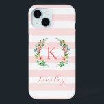 Coque Pour iPhone 15 Monogramme à rayures florales et roses paradis<br><div class="desc">Ce design branché et amusant est orné d'un arrière - plan rayé rose et blanc avec une couronne fleurie colorée. Personnalisez le design avec votre nom et monogramme ou autre texte. Utilisez les outils de conception pour choisir une couleur arrière - plan, modifier les polices de texte et les couleurs...</div>