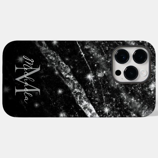 Coques Case-Mate iPhone Monogramme abstrait noir brillant argenté (Verso (horizontal))
