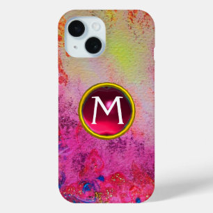 COQUE POUR iPhone 15 MONOGRAMME ABSTRAIT ROSE PURPLE FLORAL ROSE GEM