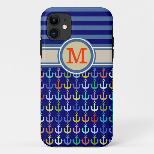 Coques Case-Mate iPhone Monogramme, ancrages et rayures bleus (Dos)