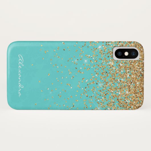 Coques Case-Mate iPhone Monogramme Aqua Blue Gold Parties scintillant Conf (Dos (Horizontal))