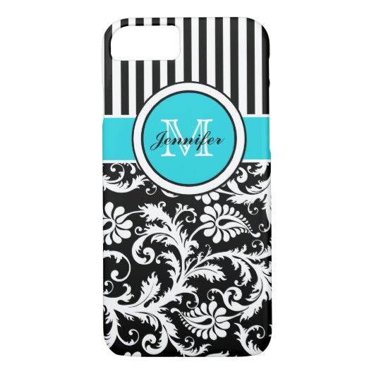 Coques Case-Mate iPhone Monogramme Aqua Noir Blanc rayé Damas iPhone 7 (Dos)