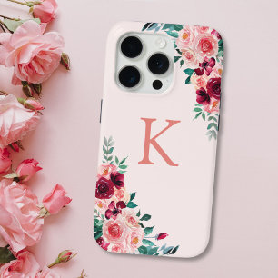 Coque iPhone 15 Pro Monogramme Aquarelle Boho rose Bourgogne Rose Fleu