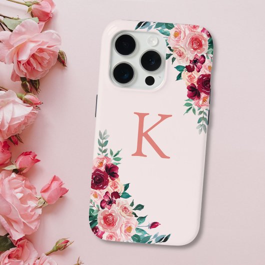 Coques Case-Mate iPhone Monogramme Aquarelle Boho rose Bourgogne Rose Fleu