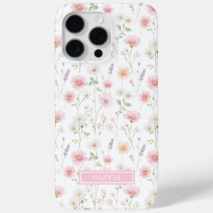 Coque iPhone 15 Pro Max Monogramme aquarelle de fleur sauvage rose