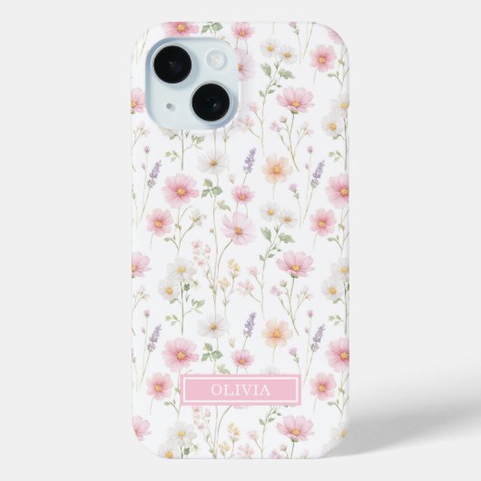 Coques Case-Mate iPhone Monogramme aquarelle de fleur sauvage rose (Verso)