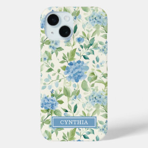 Coque Pour iPhone 15 Monogramme Aquarelle Hydrangea Bleue
