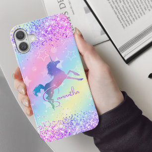 Coques iPhone 16 Monogramme arc-en-ciel de Parties scintillant rose