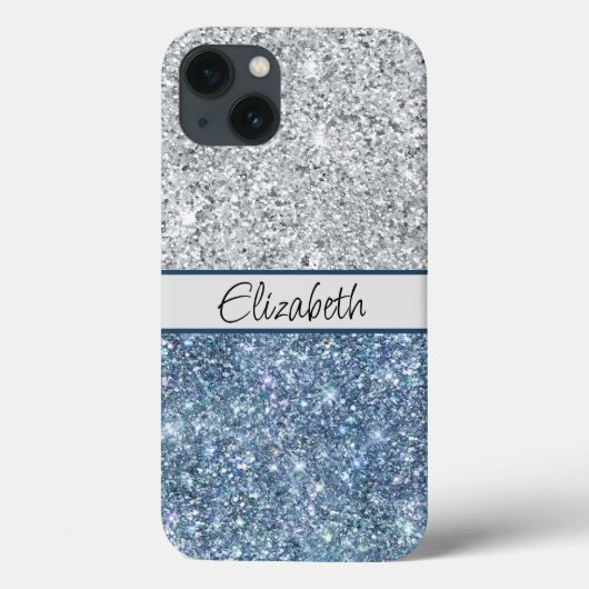 Coques Case-Mate iPhone Monogramme Argent Paillettes Bleues Tendance Chic (Verso)