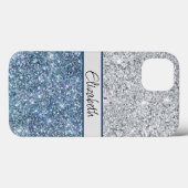 Coques Case-Mate iPhone Monogramme Argent Paillettes Bleues Tendance Chic (Verso (horizontal))