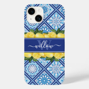 Coque Pour iPhone 14 Monogramme arrière en carreaux bleu citron