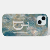 Coques Case-Mate iPhone Monogramme Art déco en marbre turquoise et orange (Verso (horizontal))