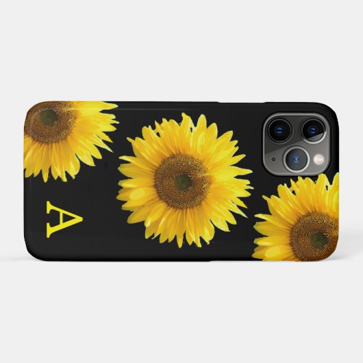 Coques Case-Mate iPhone Monogramme & Beaux tournesols en noir (Dos (Horizontal))