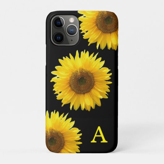 Coques Case-Mate iPhone Monogramme & beaux tournesols sur fond noir (Dos)