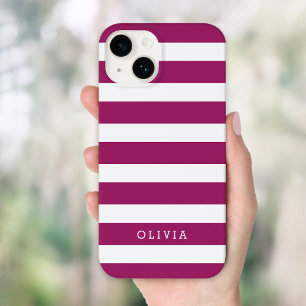 Coques iPhone 16 Monogramme Berry Purple et White Classic Stripes