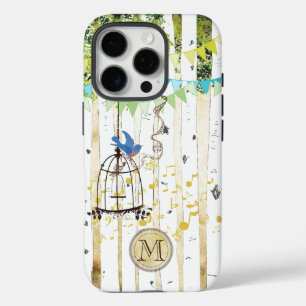 Coques iPhone 16 Pro Monogramme Birdcage Arbre à oiseaux bleuets