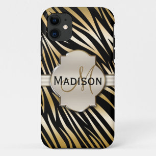 Coque iPhone 11 Monogramme Black Gold Zebra Motif d'impression