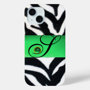COQUE POUR iPhone 15 MONOGRAMME BLACK WHITE ZEBRA FUR EMERALD GREEN GEM