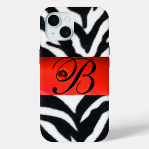 COQUE POUR iPhone 15 MONOGRAMME BLACK WHITE ZEBRA FUR RED GEM,
