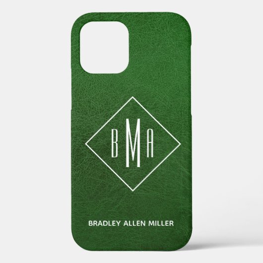 Coques Case-Mate iPhone Monogramme blanc cuir vert Faux Personnalisé (Verso)