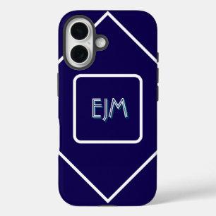Coques iPhone 16 Monogramme blanc et bleu géométrique chic
