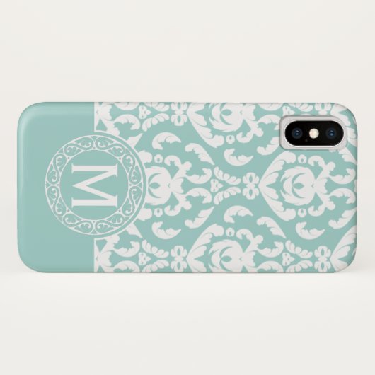 Coques Case-Mate iPhone Monogramme bleu blanc Damas (Dos (Horizontal))