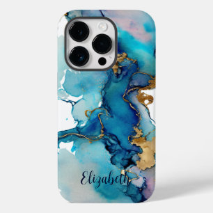 Coque Pour iPhone 14 Pro Monogramme Bleu Doré Lavage Aquarelle Abstraite