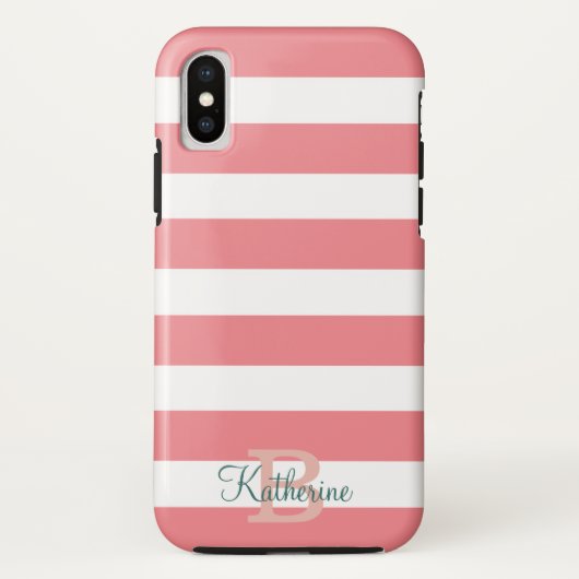 Coques Case-Mate iPhone monogramme bleu et blush preppy stripes (Dos)