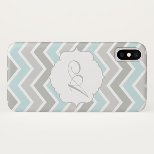 Coques Case-Mate iPhone Monogramme bleu et gris de Chevron de zigzag (Dos (Horizontal))