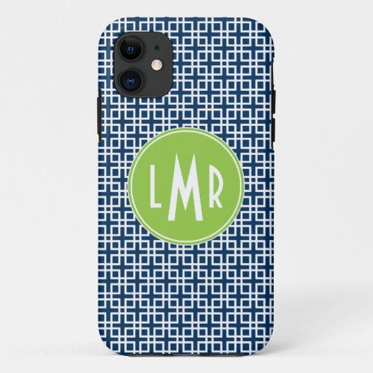 Coques Case-Mate iPhone Monogramme bleu et vert de motif de trellis carré (Dos)