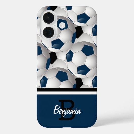 Coques Case-Mate iPhone Monogramme bleu foncé noir Motif de balle de footb (Verso)