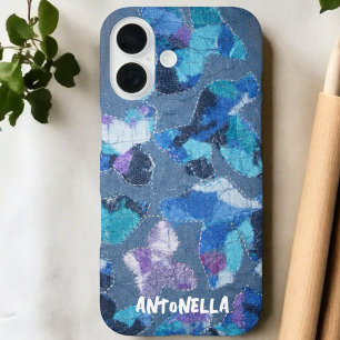 Coques iPhone 16 Monogramme bleu marine cyan violet motif abstrait