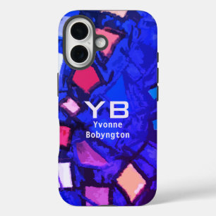 Coques iPhone 16 Monogramme bleu marine indigo abstrait coloré lumi
