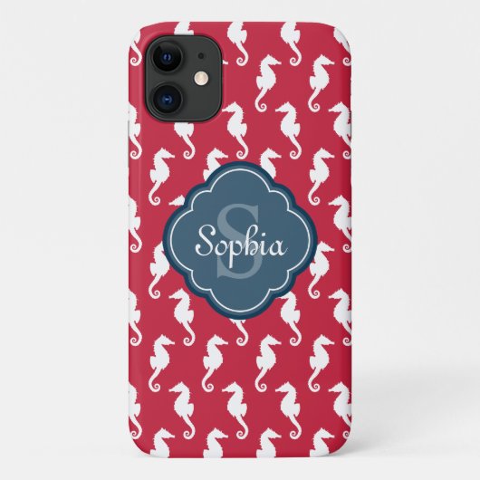 Coques Case-Mate iPhone Monogramme bleu Motif de cheval rouge unique (Dos)